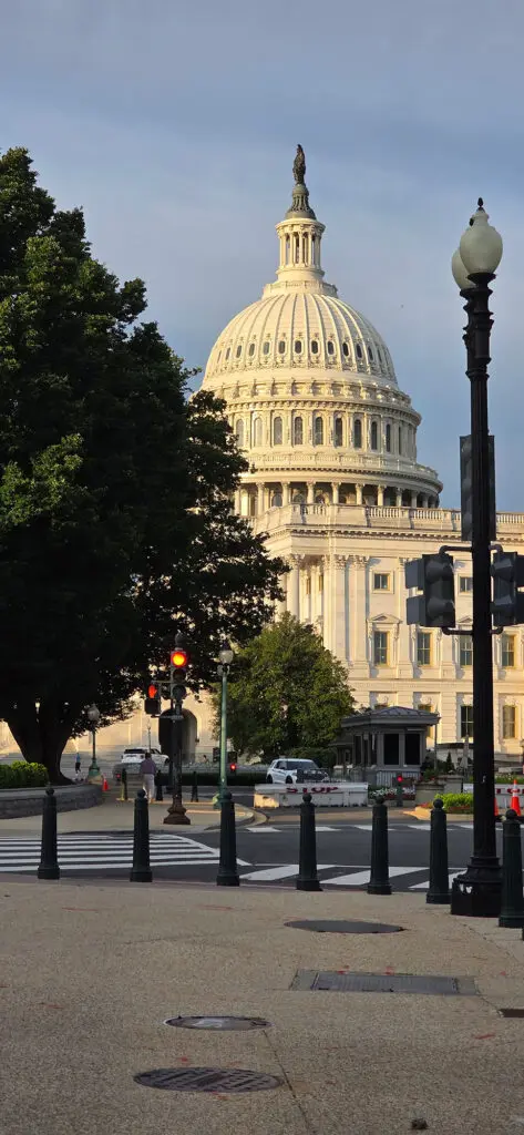 Capitol dome rising behind a street intersection with trees and lampposts in the foreground.