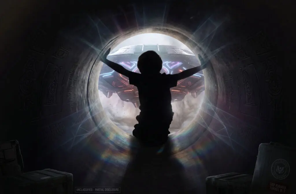 Silhouette of a young person kneeling inside a circular tunnel, arms outstretched toward a glowing, futuristic spaceship outside.