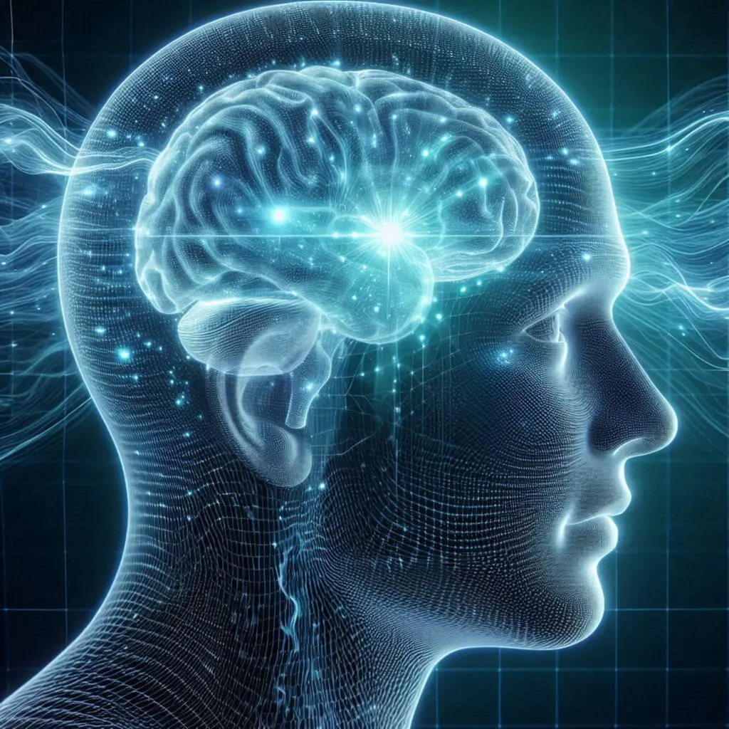 Blue neon wireframe of a human head with an illuminated brain, symbolizing AI and neuroscience.