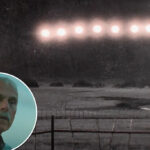 Nighttime field with a fence and bright stadium lights; a circular inset shows an older man in a plaid shirt in the lower-left corner.