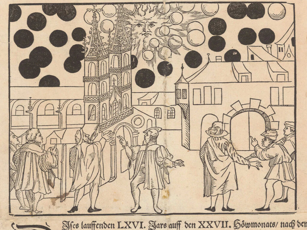 Medieval town square with a Gothic church, fortress towers, and a crowd facing a gate under a sunburst sky.