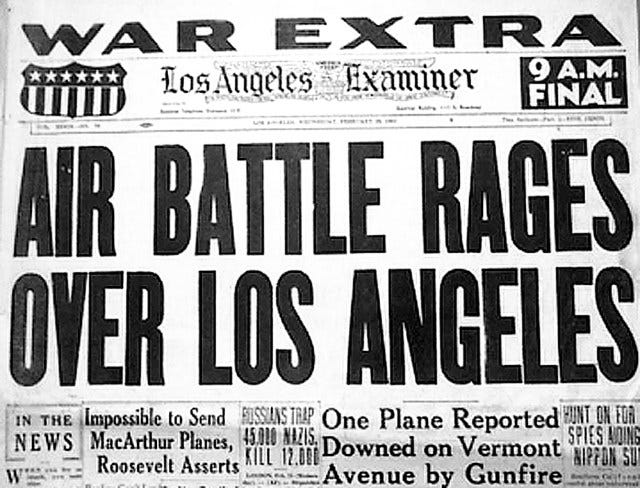 image - UAPedia Front page headline: 'Air Battle Rages Over Los Angeles' with 'War Extra' banner and Los Angeles Examiner masthead visible.