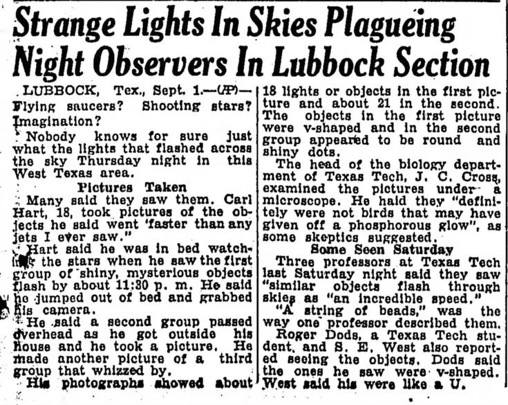 image - UAPedia Newspaper front page with the headline 'Strange Lights In Skies Plaguing Night Observers In Lubbock Section' describing odd flying objects near Lubbock, Texas.