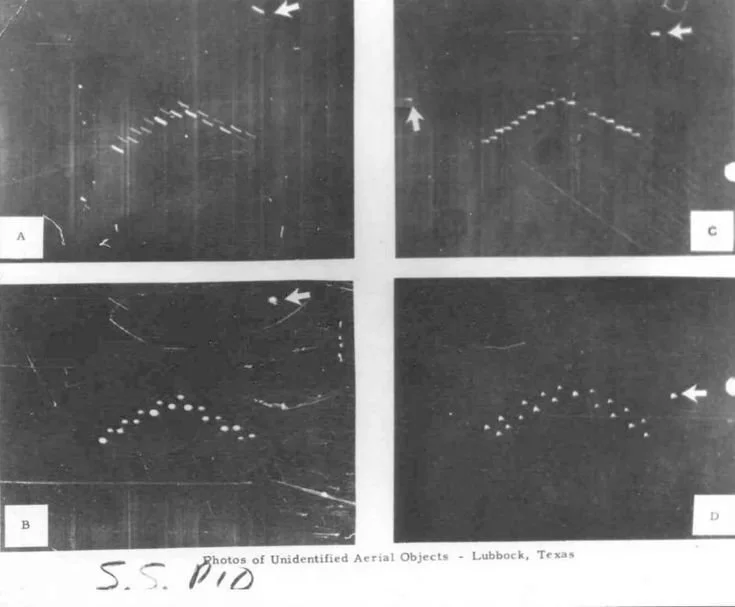 image - UAPedia Four-panel black-and-white grid (A–D) from a Lubbock, Texas UFO study, showing arc-shaped light trails against the night sky.
