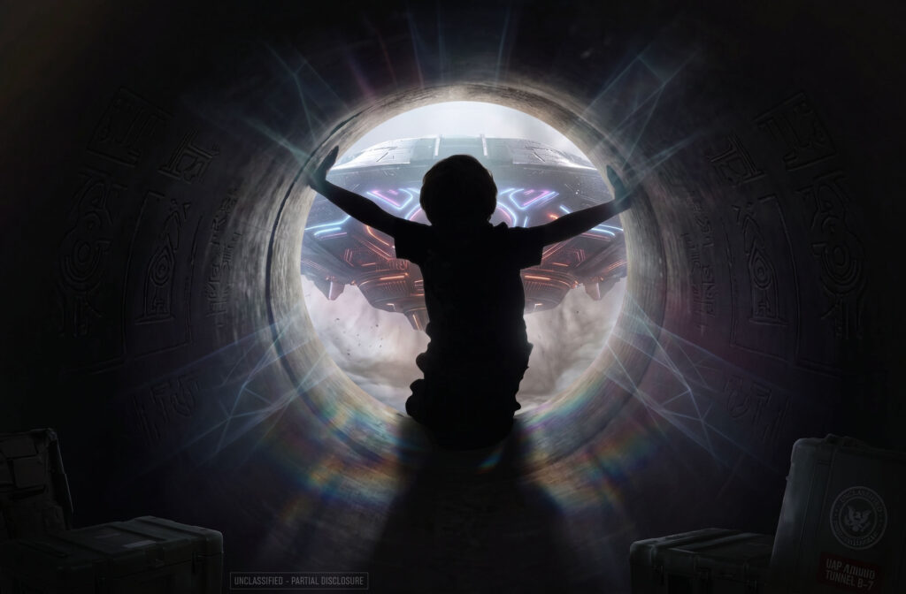 Silhouette of a young person kneeling inside a circular tunnel, arms outstretched toward a glowing, futuristic spaceship outside.