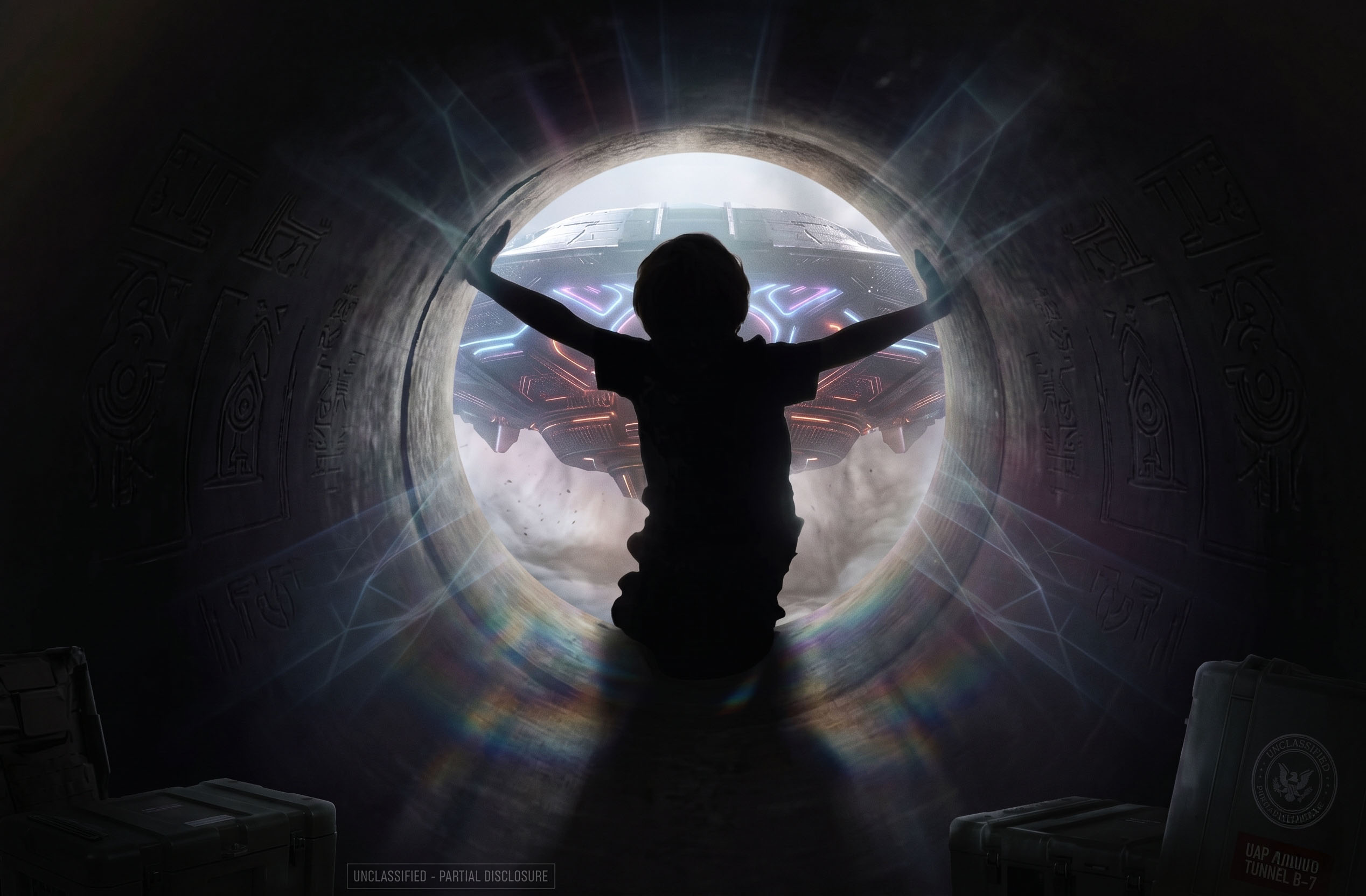Child silhouette stands in a dark tunnel, arms outstretched toward a futuristic, neon-lit spacecraft beyond a circular opening.