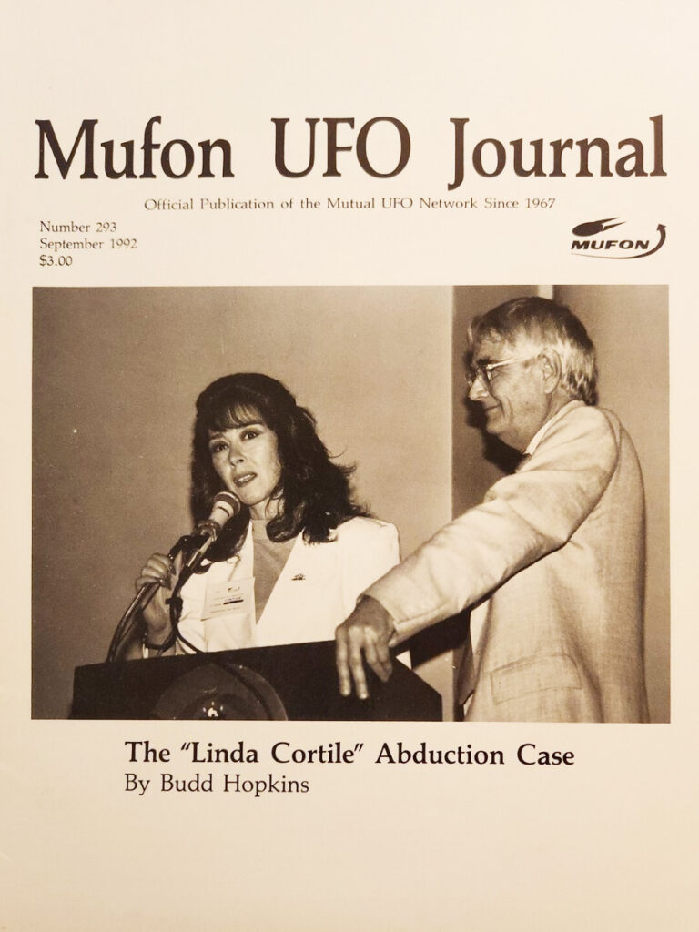 Cover of MUFON UFO Journal featuring a woman speaking into a microphone at a podium, with a man beside her; article title references the Linda Cortile Abduction Case.