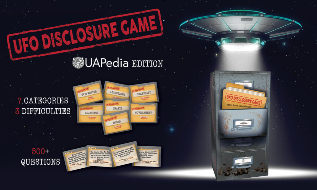 UFO Disclosure Deluxe Game Marketing Images Horizontal UFO Disclosure Game poster with red stamp title, 'UFO DISCLOSURE GAME', space background, UA Pedia Edition logo, and stacks of category cards and questions.