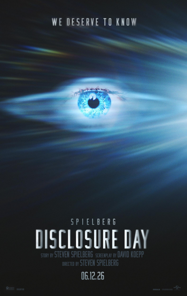 Poster showing a bright blue eye with light streaks; title reads DISCLOSURE DAY and release date 06.12.26 (movie poster).
