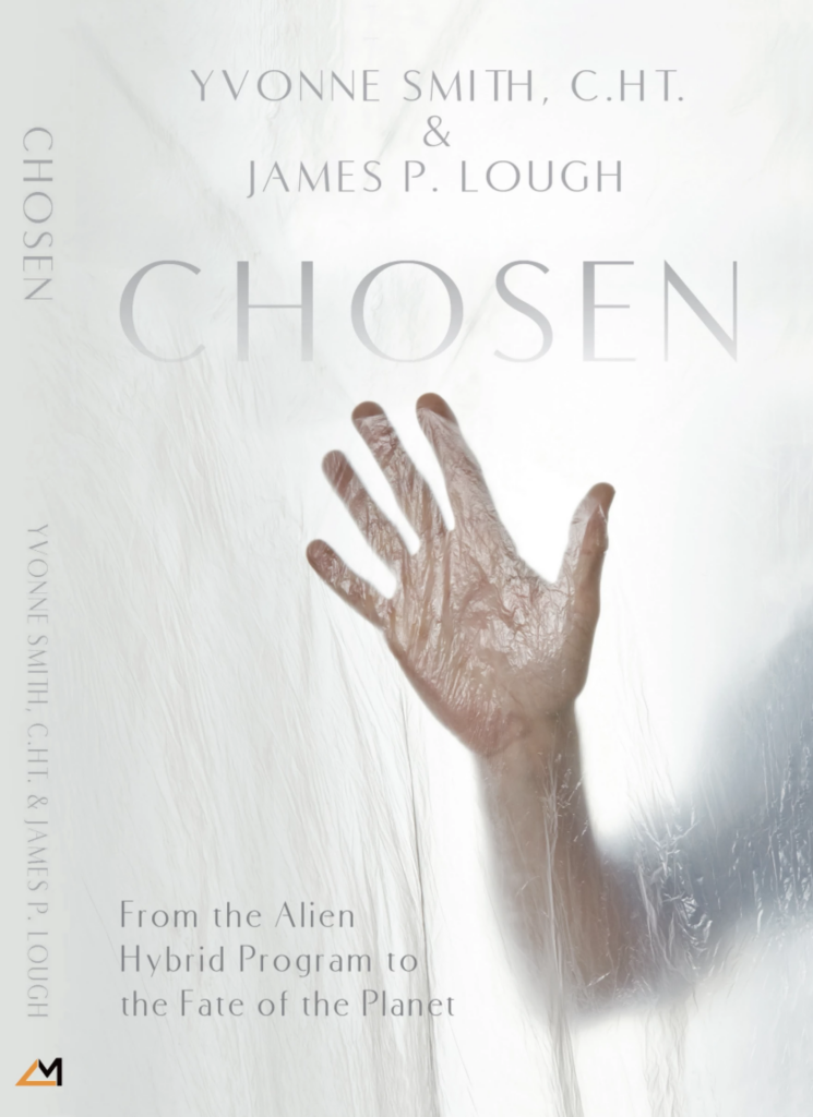 Book cover for 'Chosen' by Yvonne Smith and James P. Lough, featuring a pale hand pressed against a white/translucent surface with a large, faint title on top and vertical author text along the left edge.