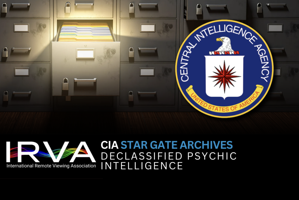Open filing cabinet with a lit drawer containing folders beside the CIA seal and the IRVA branding, suggesting archived intelligence.