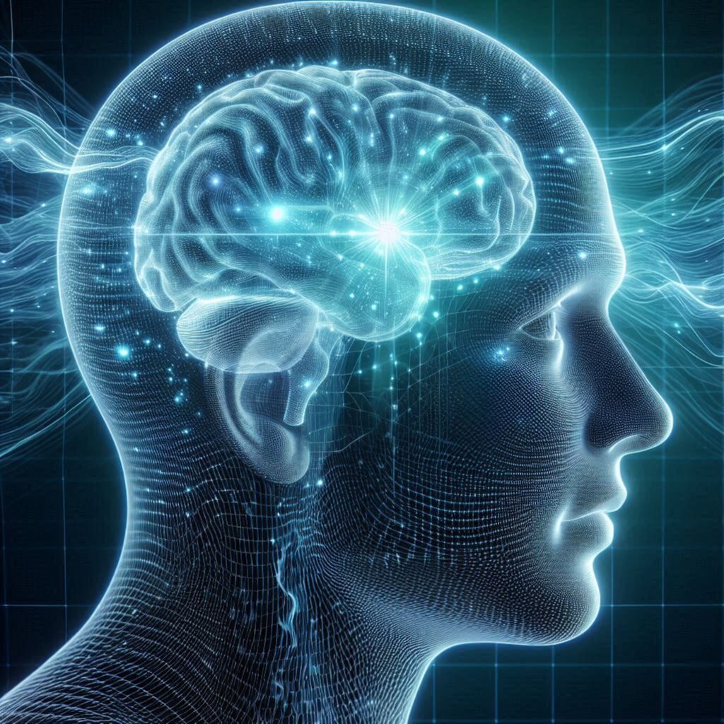 Blue neon wireframe of a human head with an illuminated brain, symbolizing AI and neuroscience.